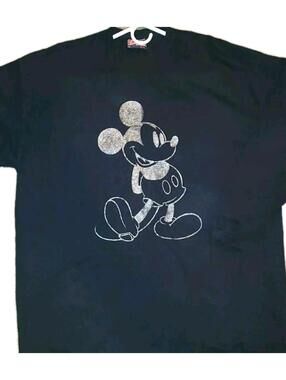 Disney Vintage Era Long Sleeve Men T-Shirt XL Blk Cotton Crewneck Mickey Mouse